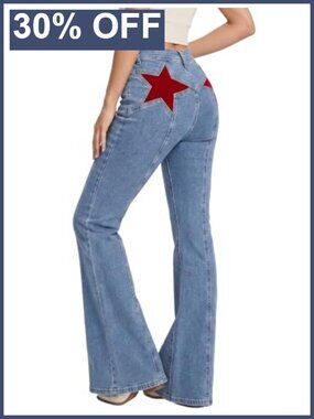High Waisted Flare Jeans with Star Patches Stretch Denim Y2K Pants